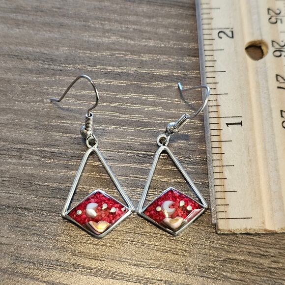 Alpaca Silver Dangle Diamond Cutout Earrings with Pink Sky with Moon & Stars - Picture 2 of 6